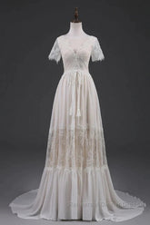 Open Back Short Sleeves V-Neck Lace Beach Wedding Dress